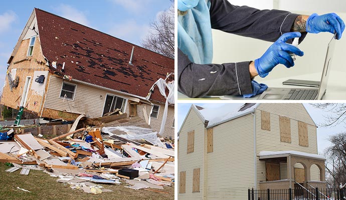 Collage of disaster damaged area, electronic restoration and emergency board up service Collage of disaster damaged area, electronic restoration and emergency board up service
